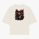 Camiseta com estampa frontal de logotipo estilizado com escrita "KAGE" e símbolo geométrico, e estampa traseira de personagem em posição de combate, envolto em efeitos sombrios e dinâmicos.