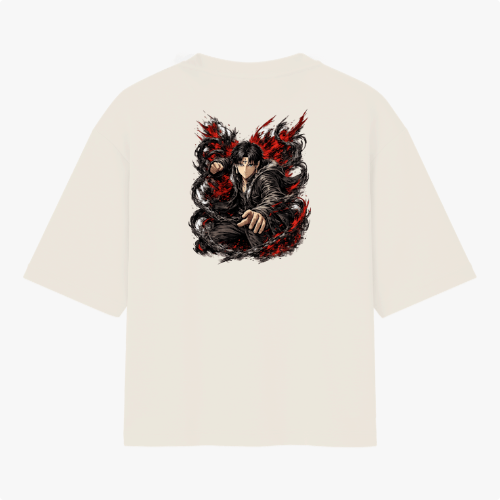 Camiseta com estampa frontal de logotipo estilizado com escrita "KAGE" e símbolo geométrico, e estampa traseira de personagem em posição de combate, envolto em efeitos sombrios e dinâmicos.