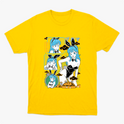Camiseta com estampa frontal de personagem em estilo quadrinhos, mostrando várias expressões e poses, com elementos gráficos ao redor.