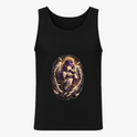 Regata com estampa frontal de anjo estilizado com asas, auréola, cabelo longo segurando uma arma, cercado por detalhes sombrios e ornamentais.
