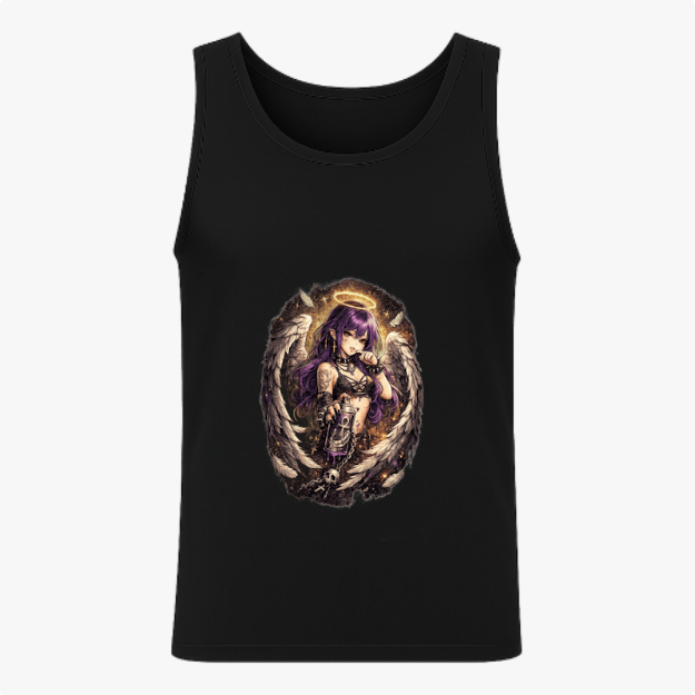 Regata com estampa frontal de anjo estilizado com asas, auréola, cabelo longo segurando uma arma, cercado por detalhes sombrios e ornamentais.