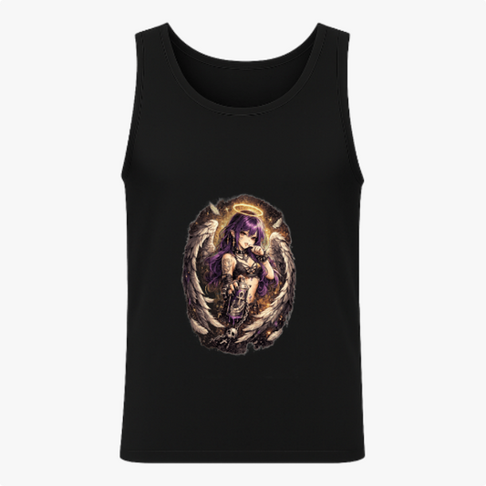 Regata com estampa frontal de anjo estilizado com asas, auréola, cabelo longo segurando uma arma, cercado por detalhes sombrios e ornamentais.