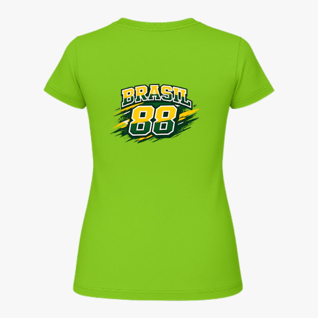 Camiseta com estampa frontal de "Rawbeat 88" em estilo esportivo dinâmico e estampa traseira de "Brasil 88" com mesmo estilo impactante.
