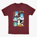 Camiseta com estampa frontal de personagem em estilo quadrinhos, mostrando várias expressões e poses, com elementos gráficos ao redor.