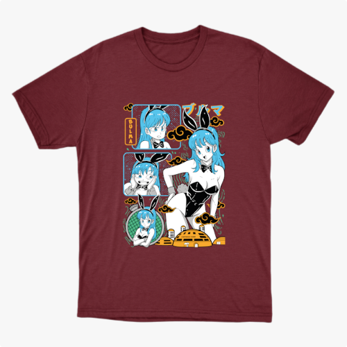 Camiseta com estampa frontal de personagem em estilo quadrinhos, mostrando várias expressões e poses, com elementos gráficos ao redor.