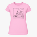 Camiseta com estampa frontal de um desenho feminino usando máscara com orelhas, dentro de uma moldura com texto detalhando nome e título.