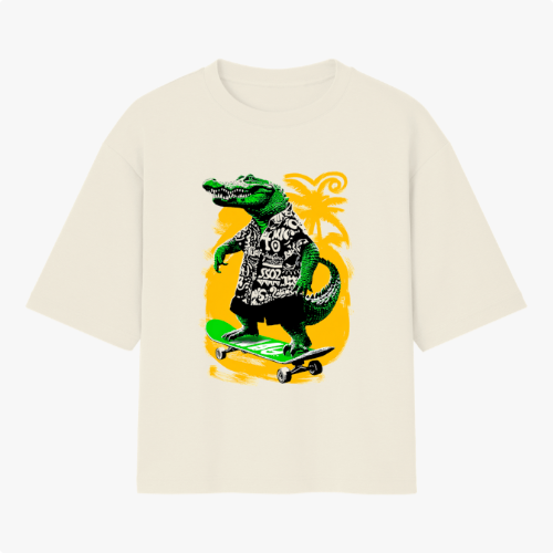 Camiseta com estampa frontal de crocodilo em camisa havaiana sobre skate, com palmeira ao fundo.