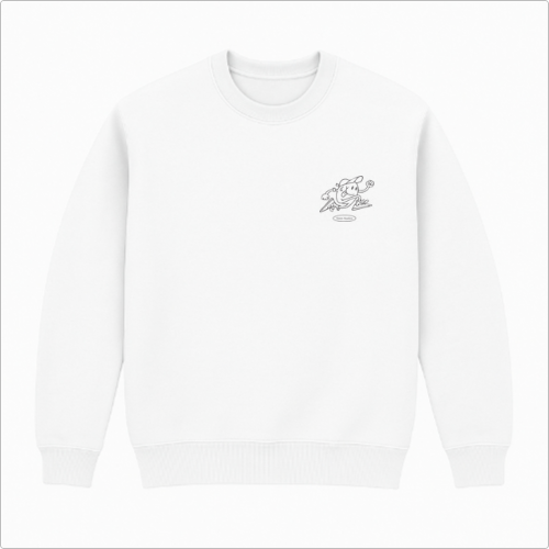 Moletom com estampa frontal de personagem correndo estilizado e pequenos textos, e estampa traseira de "Anti-Running Running Club" com personagem correndo.