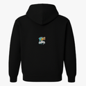 Moletom com estampa frontal de uma linha com texto e estampa traseira com texto estilizado em camadas sobrepostas, criando efeito tridimensional.