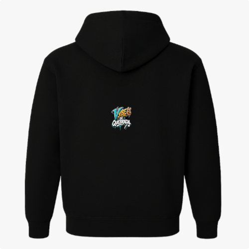 Moletom com estampa frontal de uma linha com texto e estampa traseira com texto estilizado em camadas sobrepostas, criando efeito tridimensional.