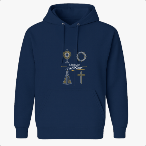 Moletom com estampa frontal de elementos religiosos incluindo um ostensório, coroa de espinhos, cruz e Nossa Senhora, e estampa traseira de logotipo com coroa.