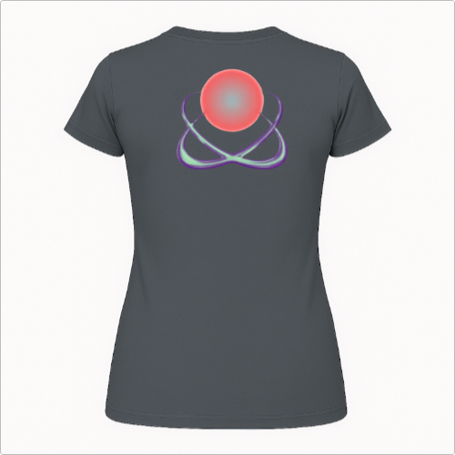 Camiseta com estampa frontal de logo estilizado com elemento circular e detalhes pontiagudos e estampa traseira de esfera central e orbitais entrelaçados.