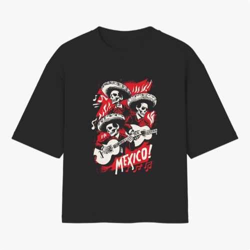 Camiseta com estampa frontal de três esqueletos vestindo sombreros e tocando violão, rodeados por notas musicais e a palavra "Mexico!" em destaque.