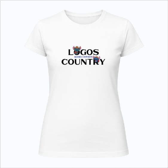 Camiseta com estampa frontal de letras destacadas "LOGOS COUNTRY" com um pequeno cowboy alegre entre as palavras, segurando o chapéu.