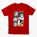 Camiseta com estampa frontal de personagem em estilo quadrinhos, mostrando várias expressões e poses, com elementos gráficos ao redor.