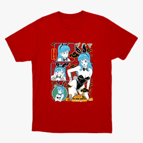 Camiseta com estampa frontal de personagem em estilo quadrinhos, mostrando várias expressões e poses, com elementos gráficos ao redor.