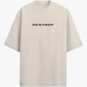 Camiseta com estampa frontal de "DESTROY" em fonte estilizada e estampa traseira de personagem em forma de coração rosa segurando bebida, com textos "DESTROY" e "Doped Heart".