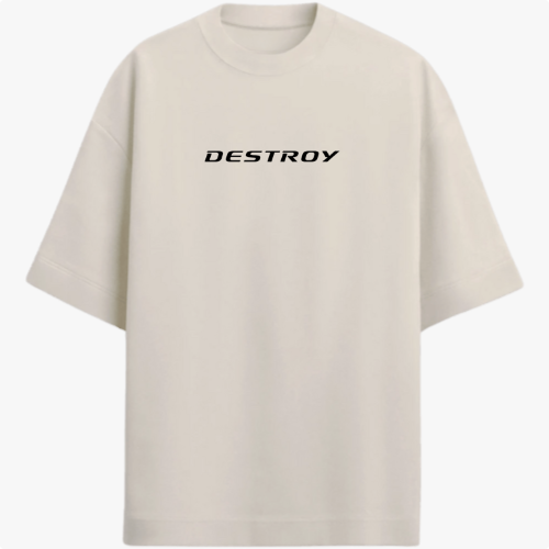 Camiseta com estampa frontal de "DESTROY" em fonte estilizada e estampa traseira de personagem em forma de coração rosa segurando bebida, com textos "DESTROY" e "Doped Heart".