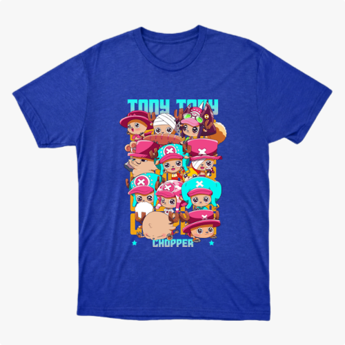 Camiseta com estampa frontal de personagens chibi usando diferentes chapéus rosa e azul, acompanhados de letras estilizadas em um tom vibrante.