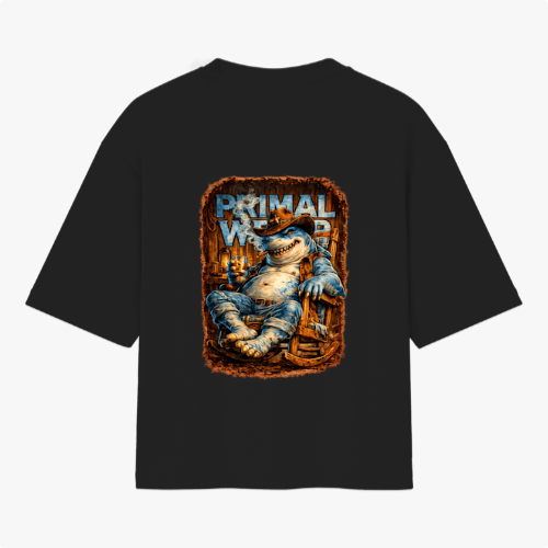 Camiseta com estampa frontal de logo "PRIMAL WEAR" e estampa traseira de tubarão humanizado sentado, cercado por água e elementos coloridos.