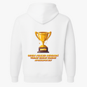 Moletom com estampa frontal de troféu dourado pequeno e estampa traseira de grande troféu dourado com texto em destaque abaixo da imagem.