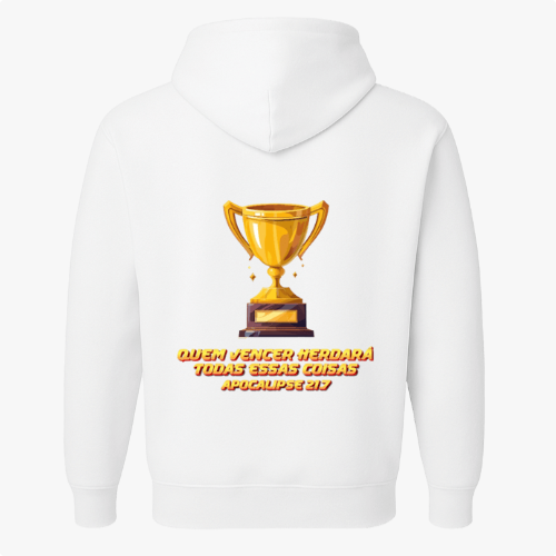 Moletom com estampa frontal de troféu dourado pequeno e estampa traseira de grande troféu dourado com texto em destaque abaixo da imagem.
