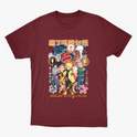 Camiseta com estampa frontal de personagens de anime em poses dinâmicas, rodeados por símbolos japoneses e detalhes florais, com texto em destaque.