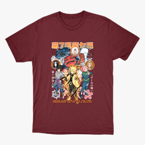 Camiseta com estampa frontal de personagens de anime em poses dinâmicas, rodeados por símbolos japoneses e detalhes florais, com texto em destaque.