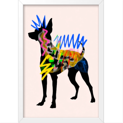 Quadro com estampa de silhueta de cachorro preenchida com padrões ondulados em cores vibrantes, incluindo azuis, amarelos, rosas e verdes.