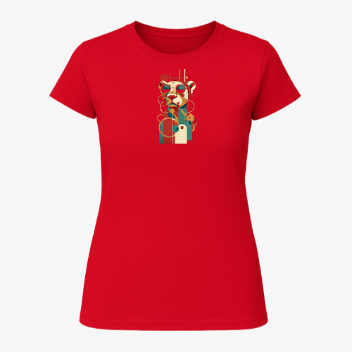 Camiseta com estampa frontal de urso estilizado usando óculos de sol com elementos geométricos e círculos sobrepostos, criando um efeito visual moderno.