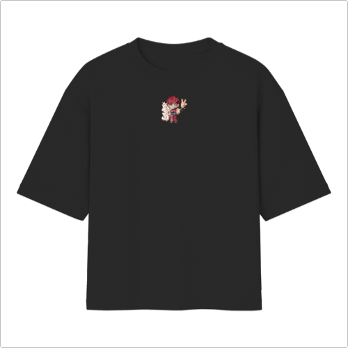 Camiseta com estampa frontal de personagem em estilo desenho animado, vestindo roupas detalhadas e apresentando uma expressão de atitude com a mão levantada.