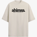 Camiseta com estampa frontal de "ahimsa. não violência" e estampa traseira de "yamas. satya verdade, brahmacharya moderação, ahimsa não violência, asteya não roubar, aparigraha desapego".