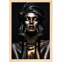 Quadro com estampa frontal de retrato artístico de mulher com corpo e rosto cobertos de tinta metálica dourada e preta, usando colares e turbante.