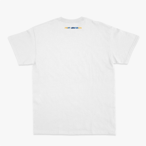 Camiseta com estampa frontal de "BRASIL" em letras preenchidas por elementos gráficos variados e estampa traseira discreta com a frase "AGTBB FBRKM 100".