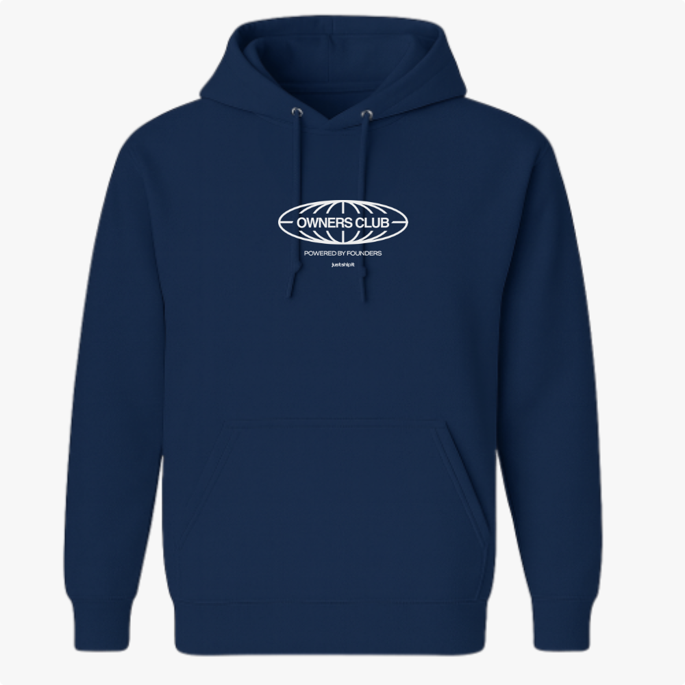 Moletom com estampa frontal de logotipo oval com texto "OWNERS CLUB", "POWERED BY FOUNDERS" e "just drift", rodeado por um design geométrico.