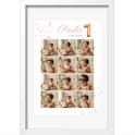 Quadro com estampa frontal de colagem de fotos de criança em momentos diversos, acompanhada do nome "Paula" e a escrita "1 aninho" ao lado do número 1.