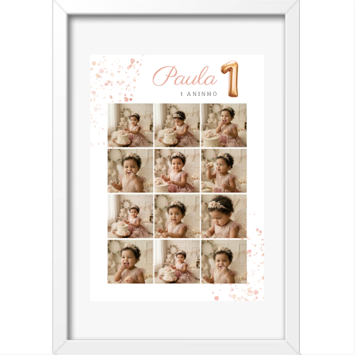 Quadro com estampa frontal de colagem de fotos de criança em momentos diversos, acompanhada do nome "Paula" e a escrita "1 aninho" ao lado do número 1.