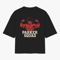 Camiseta com estampa frontal de logotipo estilizado e estampa traseira de personagem musculoso com cabelos curtos, acompanhada das palavras "Parker Squad".