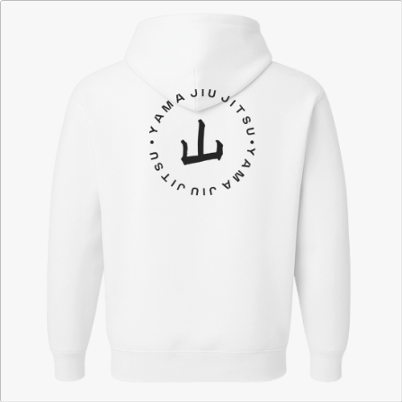 Moletom com estampa frontal de logo circular minimalista e estampa traseira de círculo maior envolvendo grafismo estilizado com texto ao redor.
