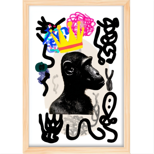 Quadro com estampa de macaco usando coroa amarela, rodeado por rabiscos pretos, formas coloridas e padrões abstratos variados.
