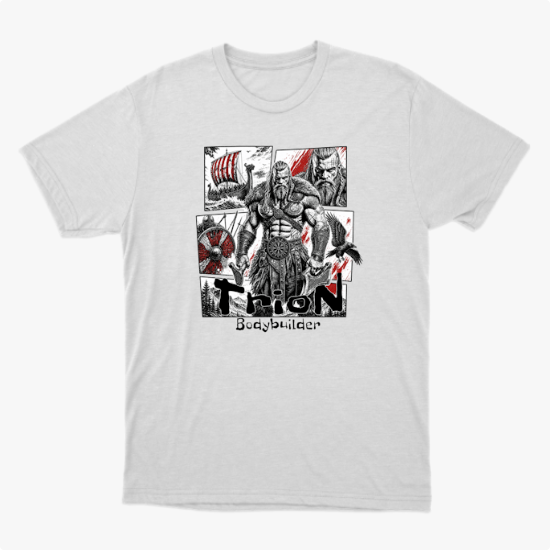 Camiseta com estampa frontal de guerreiro musculoso em quadrantes, com navio, homem barbudo, escudo e machado ao fundo, com texto inferior "Thron Bodybuilder".