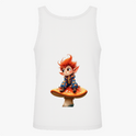 Regata com estampa frontal de garrafa com rótulo de cogumelo vermelho e estampa traseira de duende de cabelo vermelho sentado em cogumelo grande.