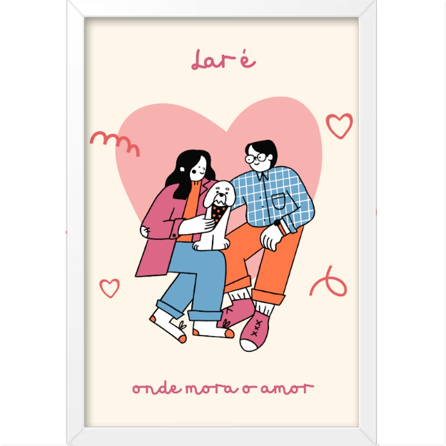 {"product-type":"quadros","description":"Quadro com estampa ilustrativa de casal e cachorro sobre coração grande, pequenos corações e palavras 'lar é onde mora o amor' ao redor."}