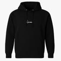 Moletom com estampa frontal de uma linha com texto e estampa traseira com texto estilizado em camadas sobrepostas, criando efeito tridimensional.