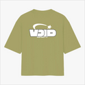 Camiseta com estampa traseira de logotipo estilizado "VOID INFINITY", acompanhada por um arco e uma estrela, criando um visual dinâmico e moderno.