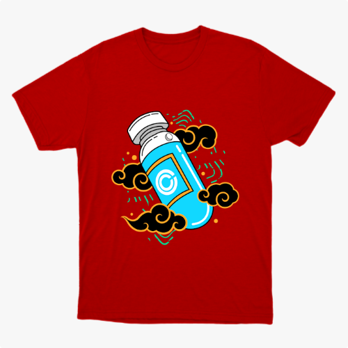 Camiseta com estampa frontal de frasco estilizado com logotipo centralizado, envolto por padrões de nuvens arrojadas e elementos geométricos vibrantes.