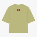Camiseta com estampa frontal de pequena bandeira estilizada com listras horizontais pretas e brancas e uma cruz vermelha centralizada.