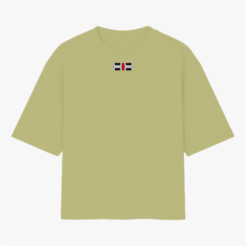 Camiseta com estampa frontal de pequena bandeira estilizada com listras horizontais pretas e brancas e uma cruz vermelha centralizada.