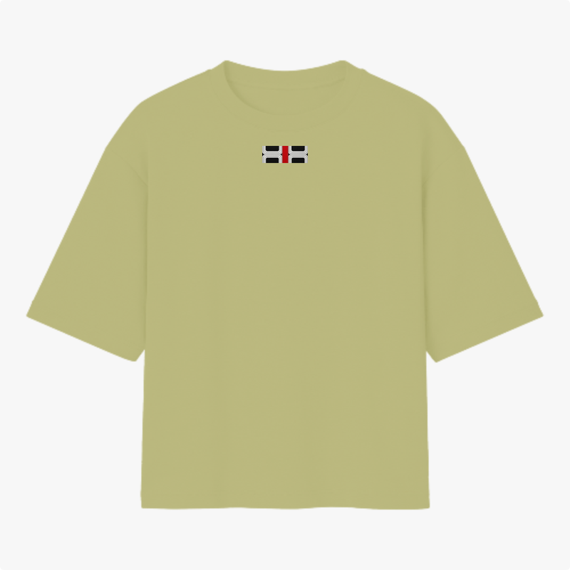 Camiseta com estampa frontal de pequena bandeira estilizada com listras horizontais pretas e brancas e uma cruz vermelha centralizada.