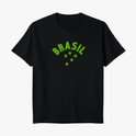 Camiseta com estampa frontal de texto "BRASIL" arqueado sobre cinco estrelas e estampa traseira do número "10" centralizado abaixo de um pequeno ícone.